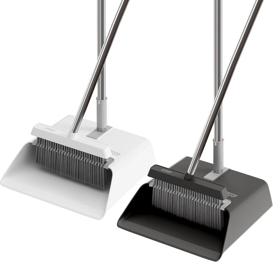 JOYMOOP 2 Pack Broom and Dustpan Set, Black and White Combo, Upright Angle with Built-in Comb Teeth for Pet Hair and Hard Floors