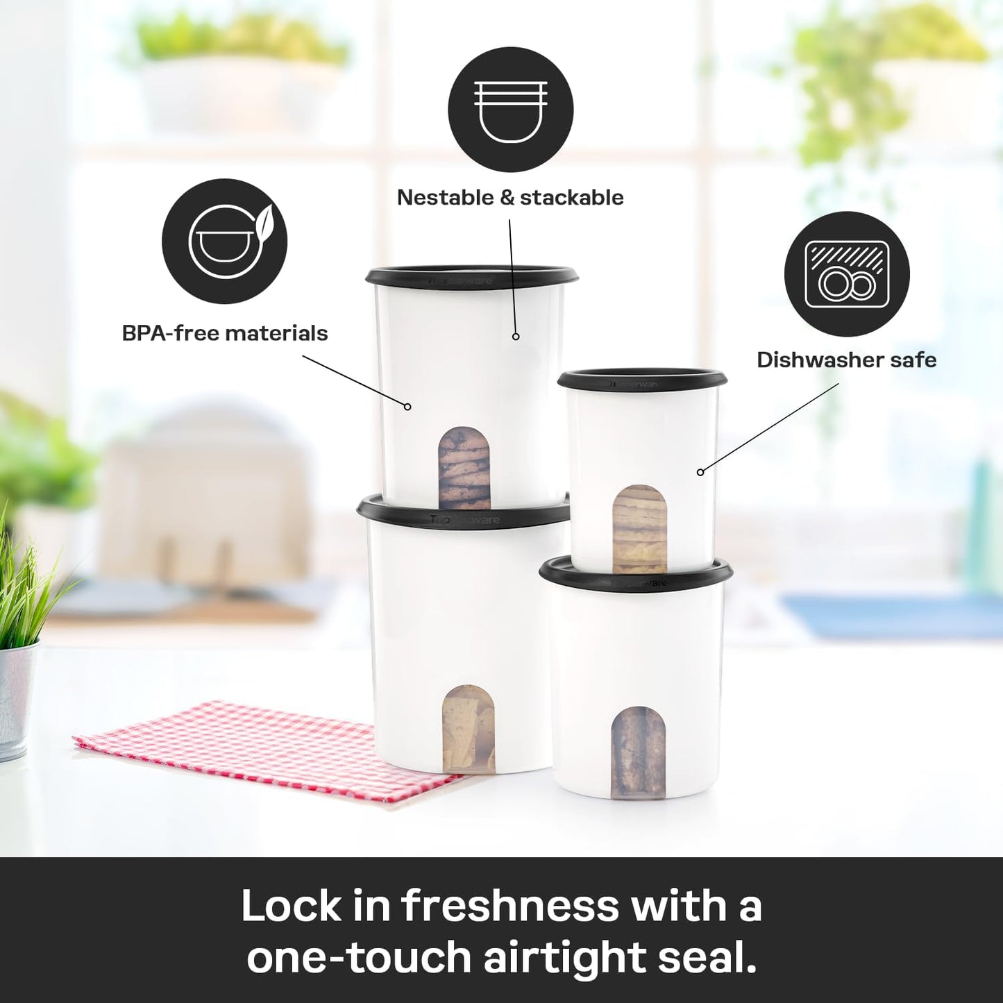 Tupperware One Touch Reminder Canisters 4 Canister Food Storage Set, Dishwasher Safe and BPA Free, (4 Containers, 4 Lids)