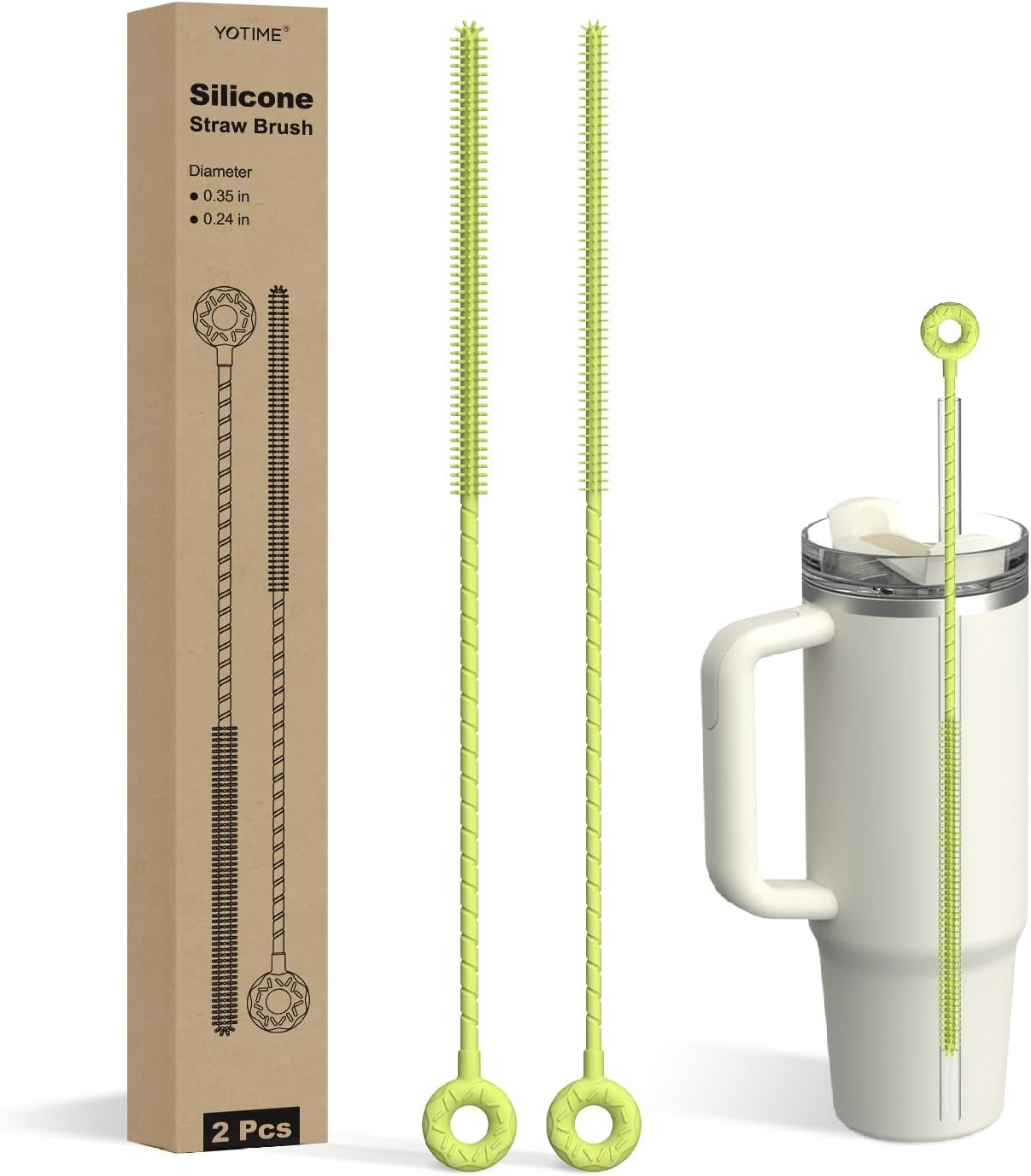 YOTIME Silicone Straw Cleaner Brush, 2 Pcs Reusable Straw Brush(6mm+9mm) for Cleaning Narrow & Wide Straws, Tumblers, Green