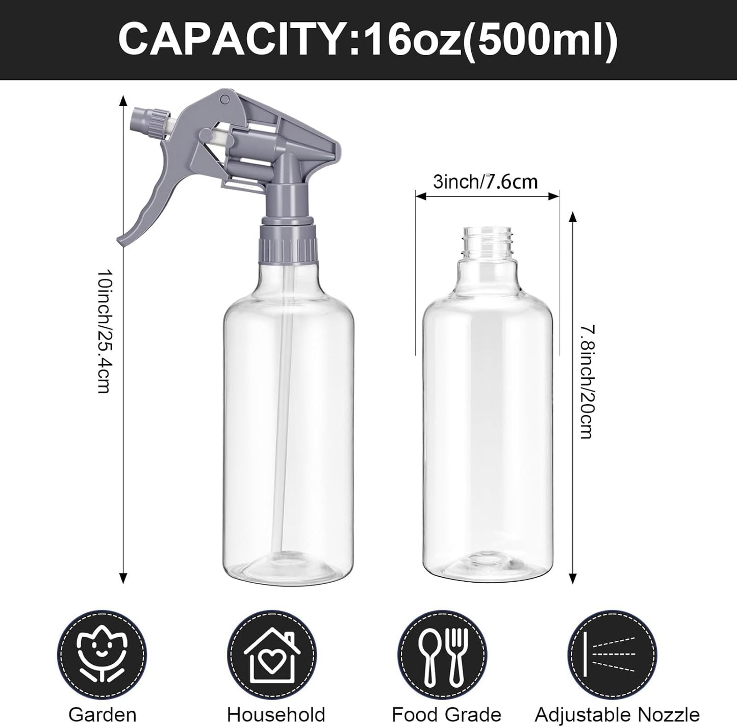 Eccliy 12 Pcs 16 Oz Plastic Spray Bottle, Adjustable Empty Reusable Sprayer for Cleaning, Planting, Water, Bathroom and Kitchen, BBQ, Commercial and Residential(Pure Grey & Pure Black,Clear)
