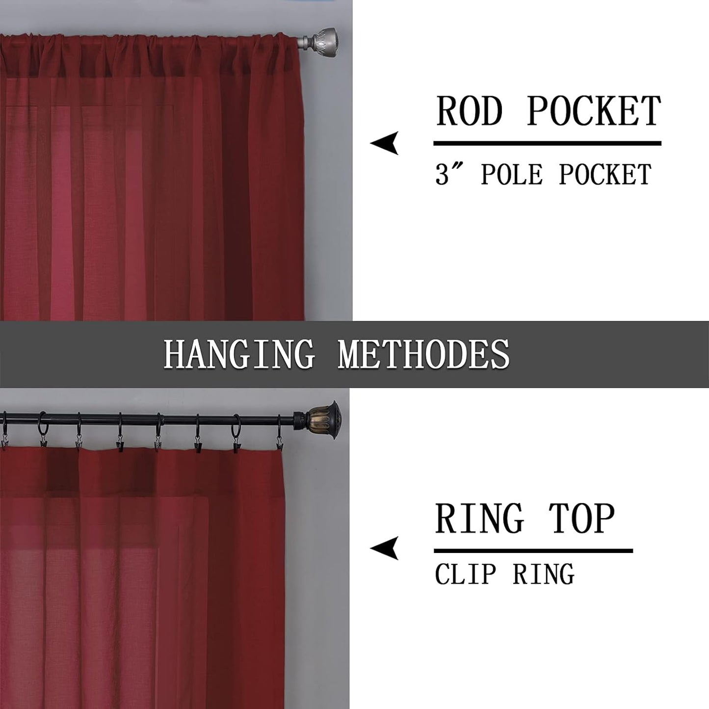 Tollpiz Short Sheer Curtains Linen Textured Bedroom Curtain Sheers Light Filtering Rod Pocket Voile Curtains for Living Room, 54 x 45 inches Long, Burgundy Red, Set of 2 Panels