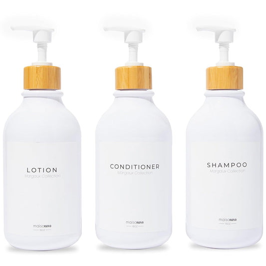 MaisoNovo Refillable Shampoo and Conditioner Bottles | 16.9 fl oz Set of 3 White Plastic Bottles White Bamboo Pumps