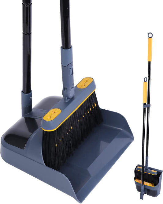 JEHONN Broom and Dustpan Set for Home, 54 Inches Long Handle Lightweight 180 Degree Rotating Indoor Upright Standing Dust Pan with Comb Teeth, Store Sweep Set for Room Kitchen Lobby Office