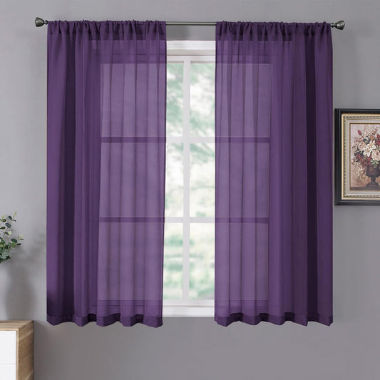 Tollpiz Short Sheer Curtain Linen Textured Living Room Curtains Sheer Light Filtering Rod Pocket Voile Curtain for Bedroom, 42 x 54 inches Long, Royal Purple, Set of 2 Panels