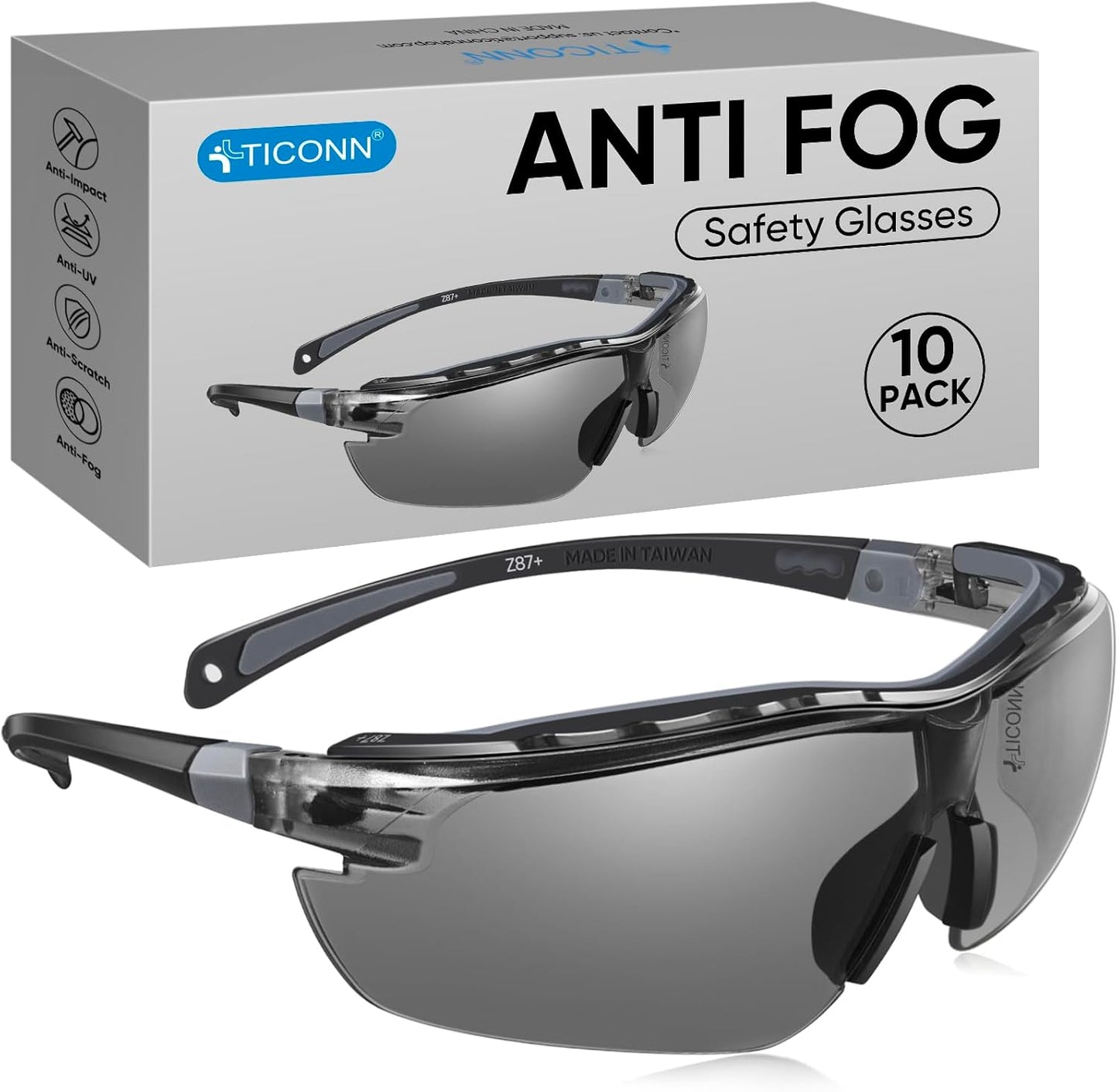 TICONN Anti-Fog Safety Glasses for Men and Women, ANSI Z87.1 Scratch Proof Eye Goggles with Adjustable Arms and UV Protection