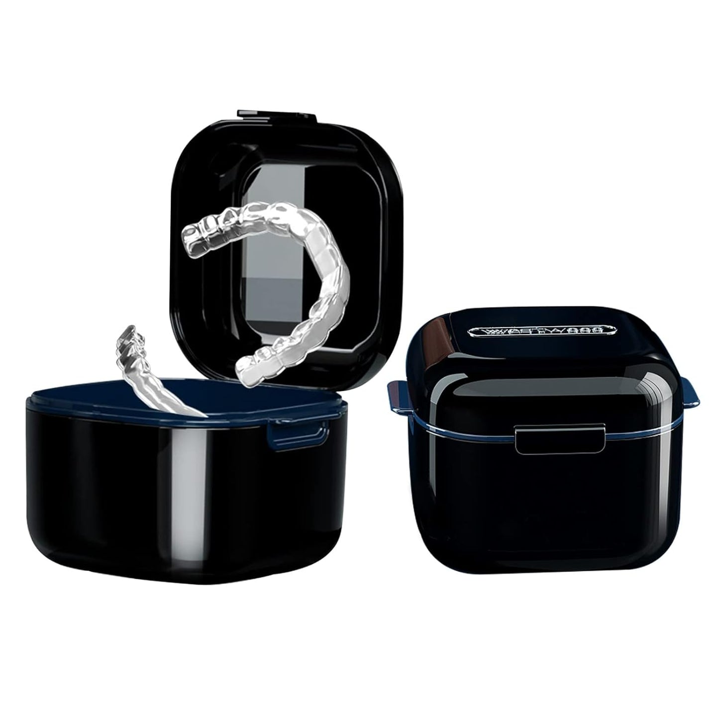 Denture Cup，Retainer Case,Cute Night Mouth Guard Box Holder, Storage Soak Container with Strainer basket for Travel Cleaning.(1 Pack,Black)