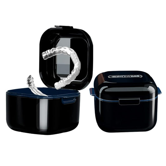 Denture Cup，Retainer Case,Cute Night Mouth Guard Box Holder, Storage Soak Container with Strainer basket for Travel Cleaning.(1 Pack,Black)