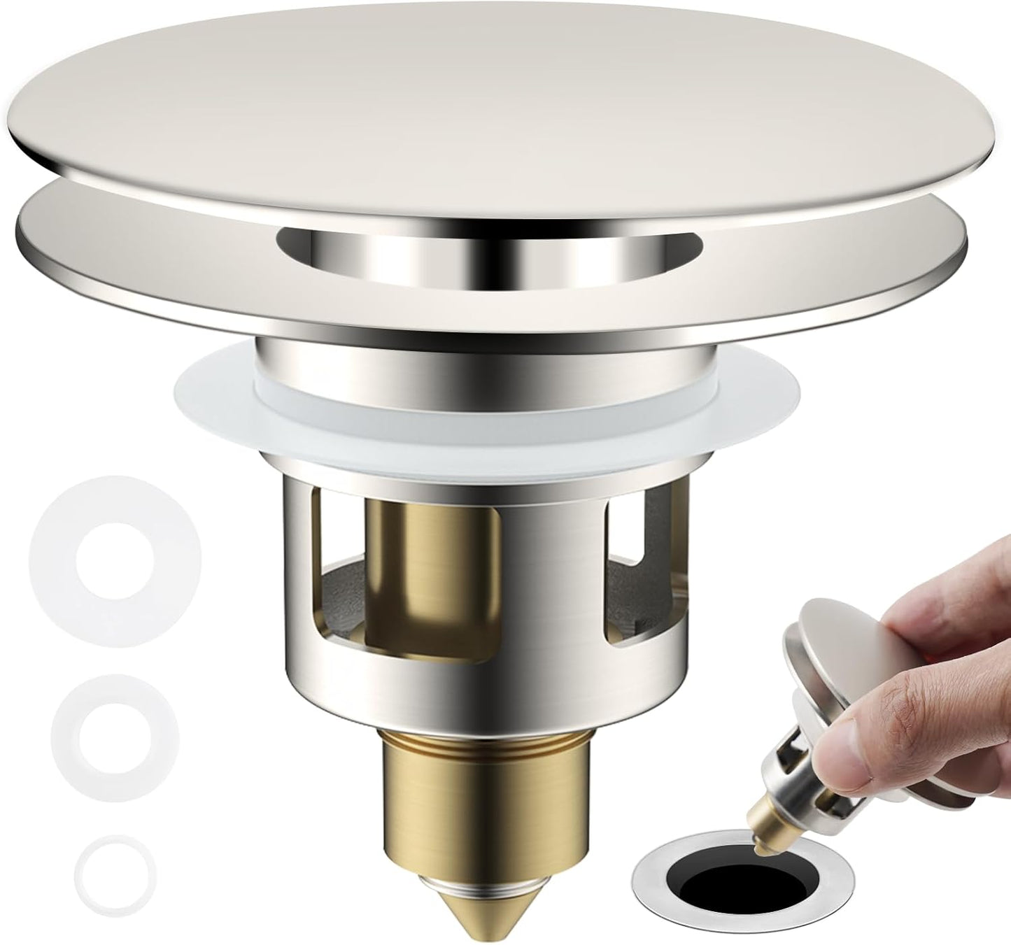 Universal Bathroom Sink Drain Strainer Hair Catcher Upgraded with Removable Stainless Steel Filter Basket, 2 in 1 Pop Up Sink Stopper for 1.1''~2.36'' Sink Basin Hole, Big Cover Cap, Brushed Nickel