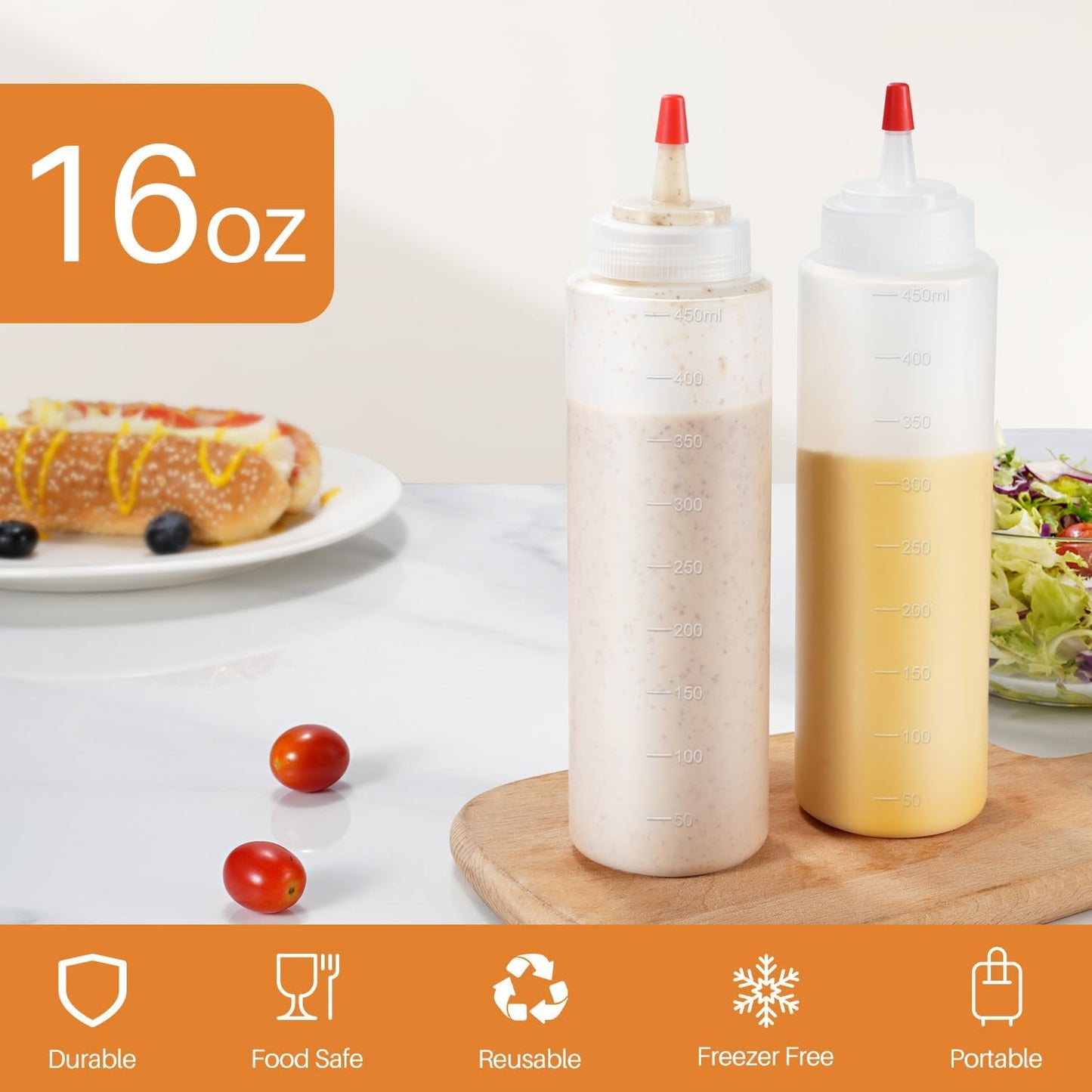 Squeeze Bottles, 16oz Leak-Proof Wide Mouth Condiment Squeeze Bottles for Liquids Sauces Ketchup Oil, 3 Pack