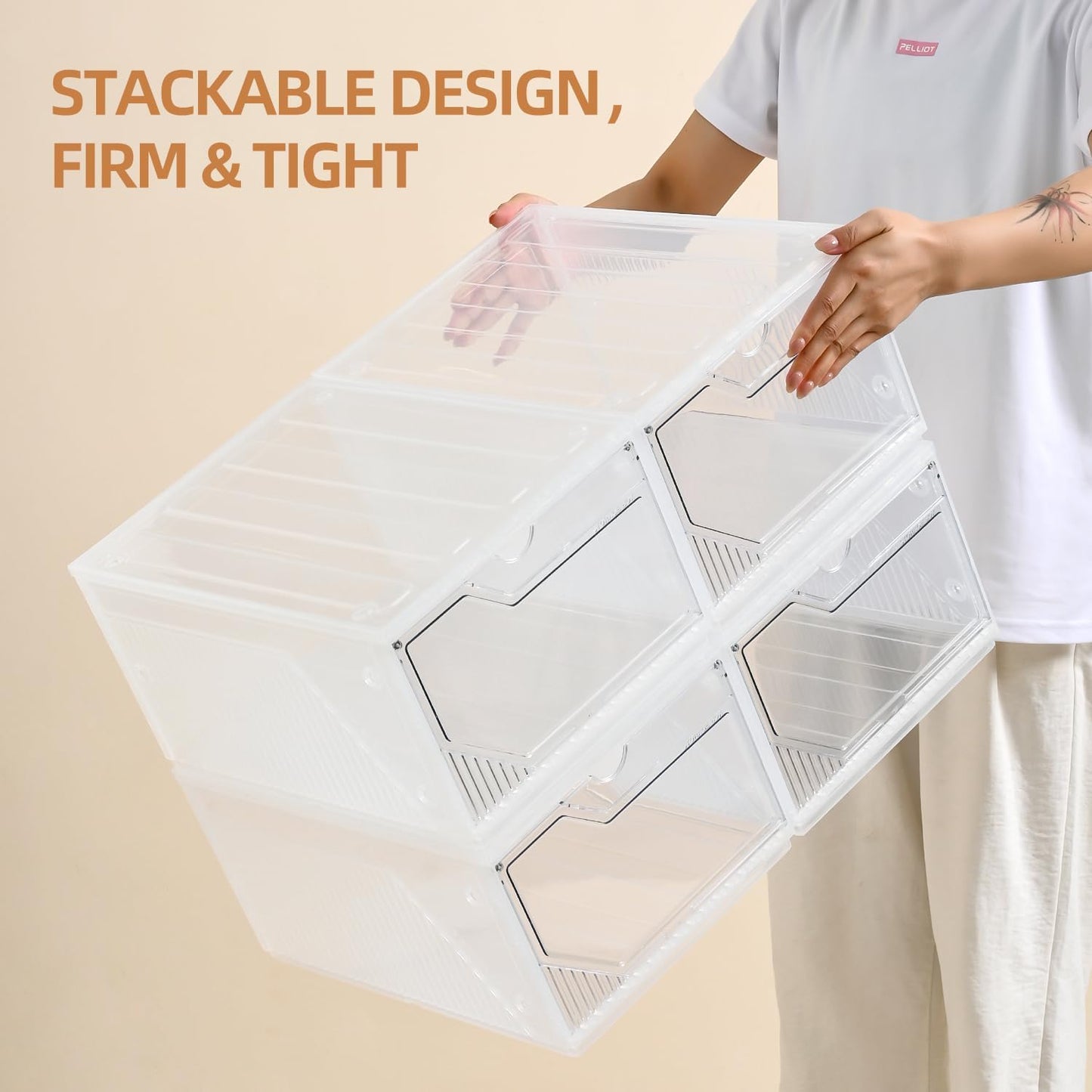 Modular XX-Large Shoe Organizer,6 Pack Shoe Storage Organizer Easy to Assemble,Shoe Box Clear Plastic Stackable,Drop Front Shoe Box with magnetic Door, Containers For Sneaker,Fit up to US Size 15