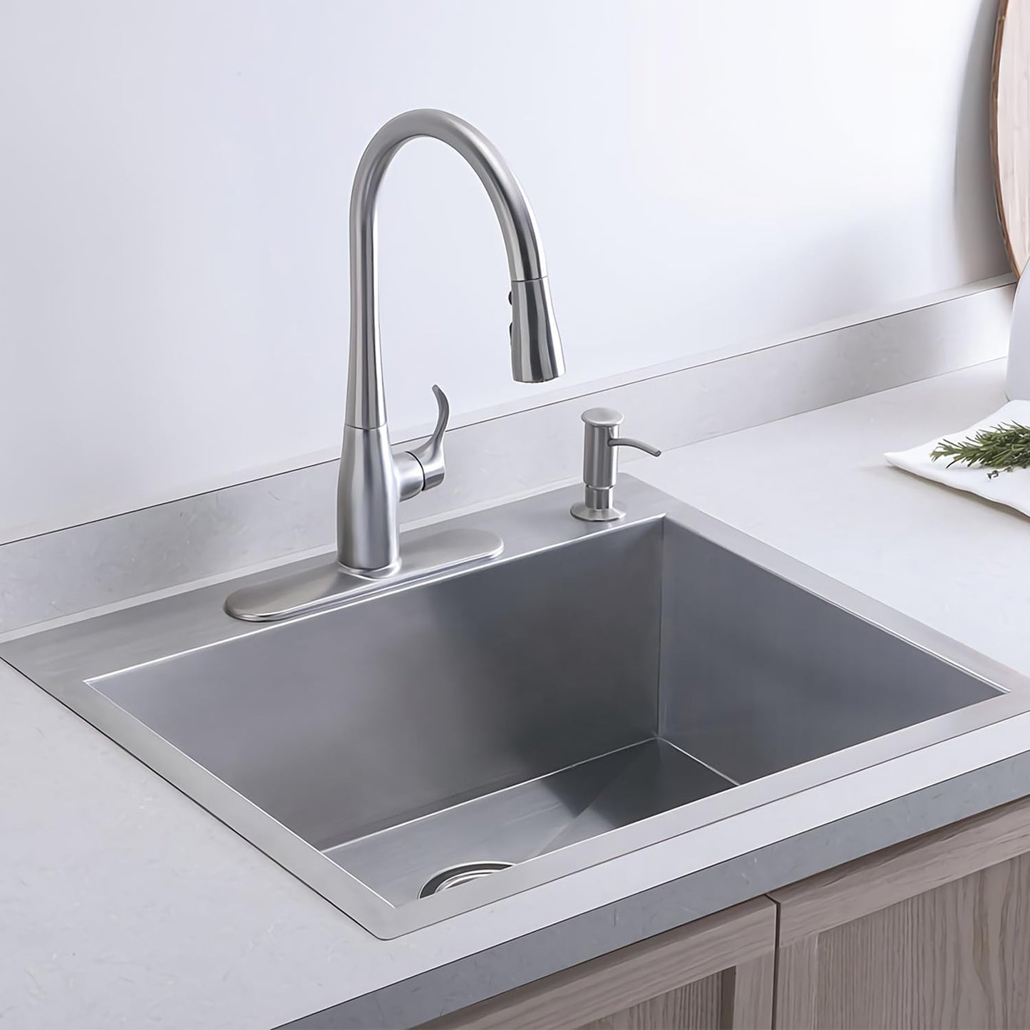 21.6x17.7 inch Drop in Kitchen Sink, Handmade 304 Stainless Steel Sink with 2 Holes, 8.6" Deep Single Bowl, R10 Tight Radius, Topmount Kitchen Sink with Basket Strainer Drain, Brushed