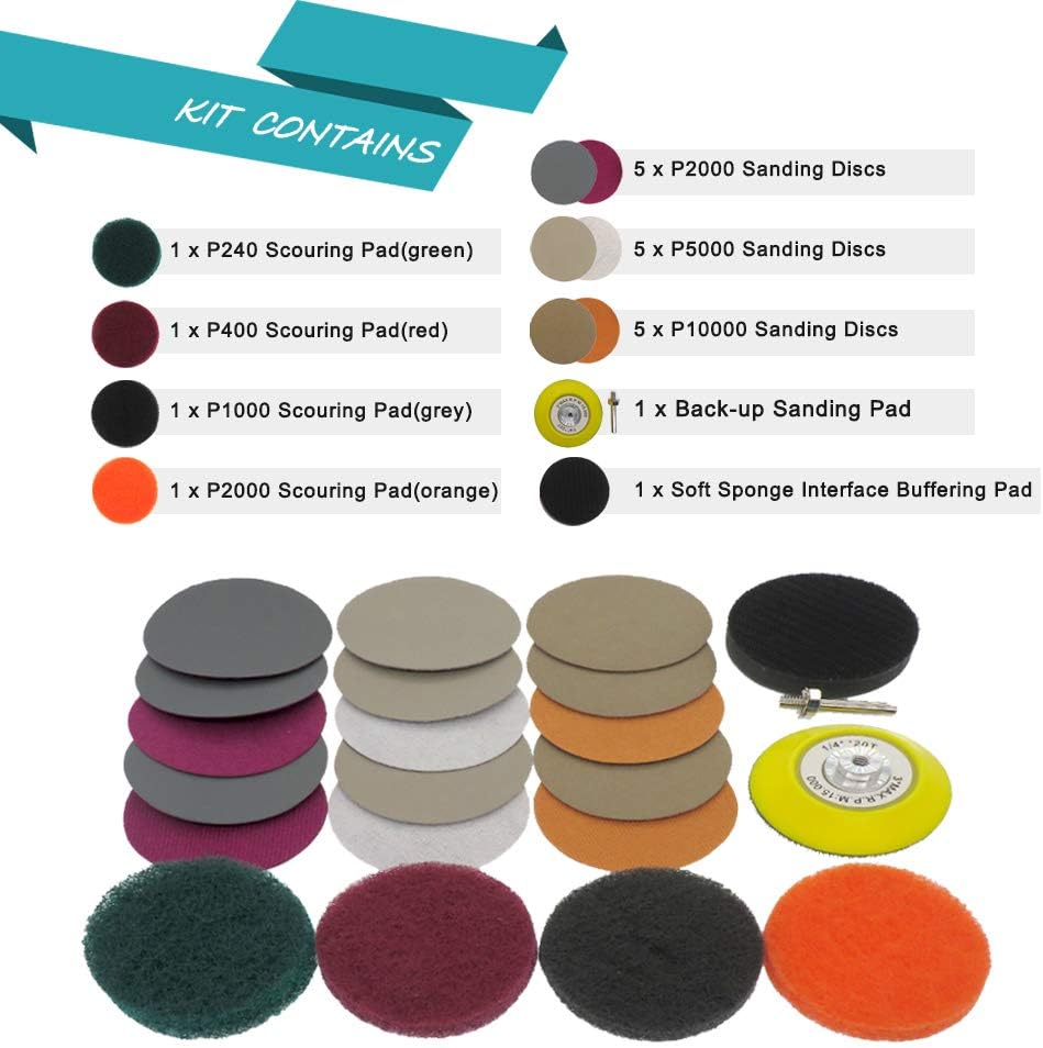 VIBRATITE Headlight Restoration kit for Electric Drill Based Car Lights DIY Polishing kit with 3 Inch Sanding Backing Pad, Mop, Drill Adapter, Sponge Buffer Pad, 21PCS
