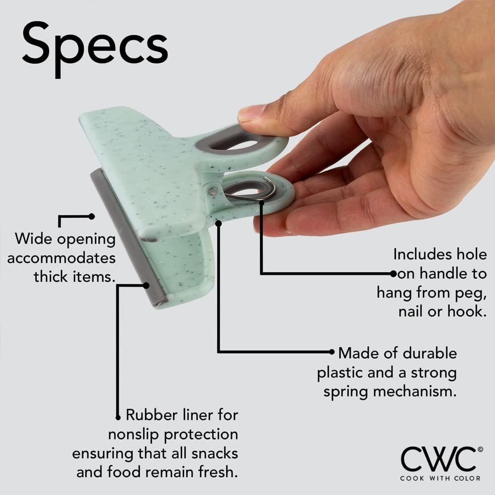 COOK WITH COLOR Bag Clips - Heavy Duty Chip Clip and Refrigerator Magnet Clips for Food Storage with Air Tight Seal Grip, Speckled Gray & Teal, 8 Pack