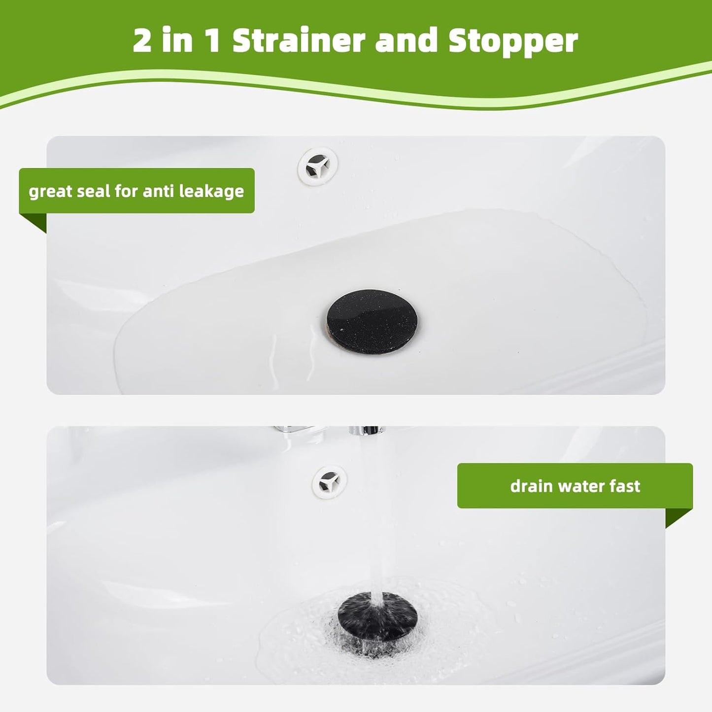 Universal 2PCS Bathroom Sink Stopper 2 in 1 Pop Up Metal Sink Drain Strainer with Hair Catcher, Fit for 1.1~2.36" Sink Basin Hole, Big Cover Cap, Anti-clog, Matte Black