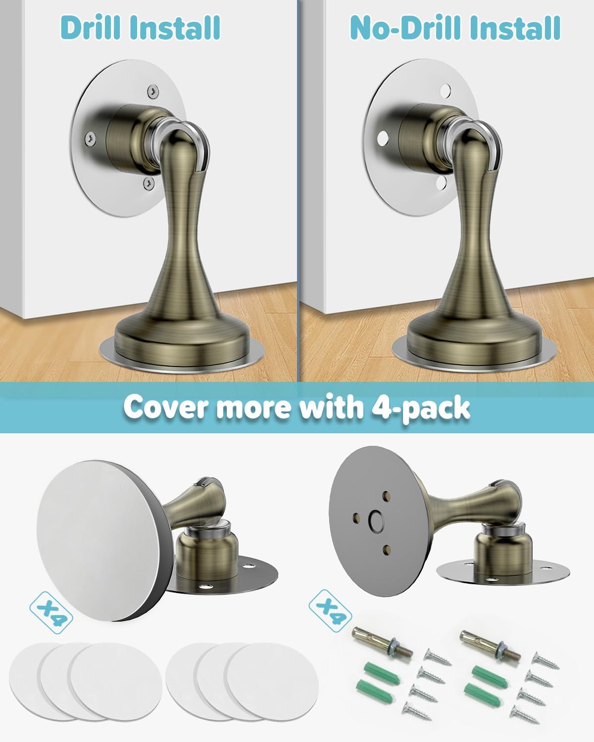 Door Stoppers Magnetic Door Catch - 4 Pack Stainless Steel Heavy Duty Door Stops for Bottom of Door, Wall & Floor Mounting No-Drill Strong Adhesive & Screws, Strong Door Holder to Keep Door Open