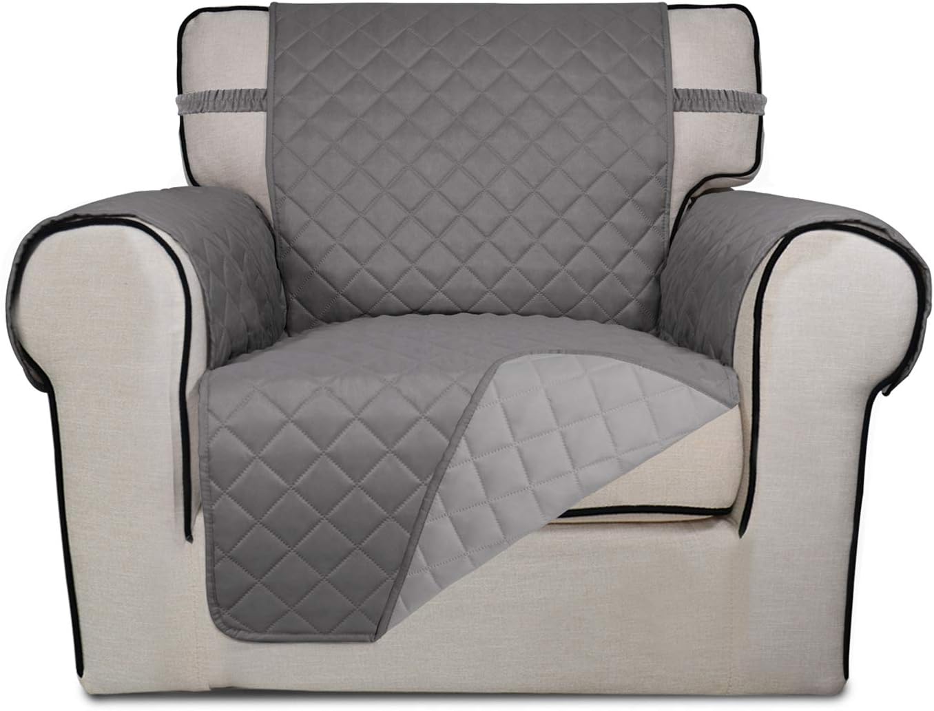 PureFit Reversible Quilted Sofa Cover, Water Resistant Slipcover Furniture Protector, Washable Couch Cover with Non Slip Foam and Elastic Straps for Kids, Dogs, Pets (Chair, Gray/Light Gray) Small