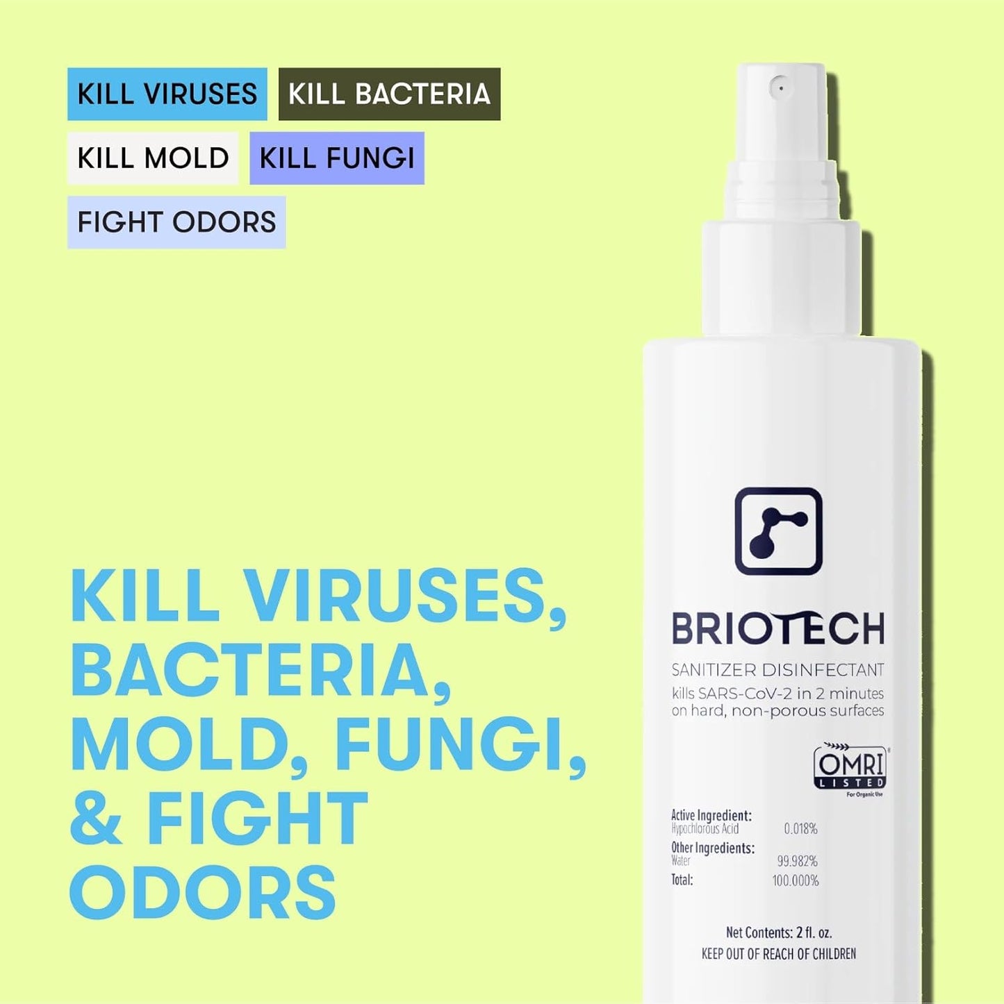 BRIOTECH Sanitizer Disinfectant Hypochlorous Spray, Kill 99.99% of Viruses & Bacteria, Control Mold, Eliminate Odor, Gentle for Nursery & Play Rooms, Food Contact Surface Sanitizer, 8 fl oz (2 Pack)