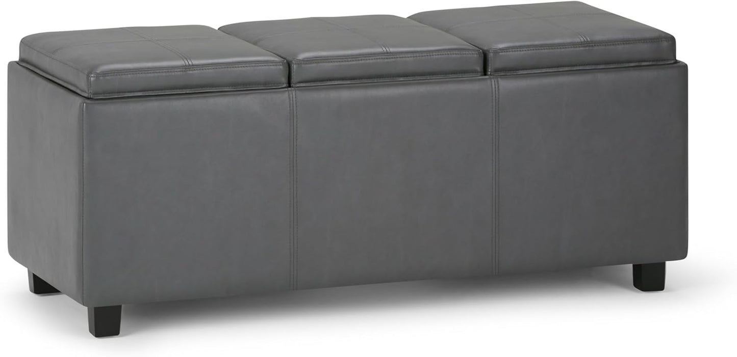 SIMPLIHOME Avalon 42 inch Wide Contemporary Rectangle Storage Ottoman in Stone Grey Vegan Faux Leather, Assembled, For the Living Room, Entryway and Family Room