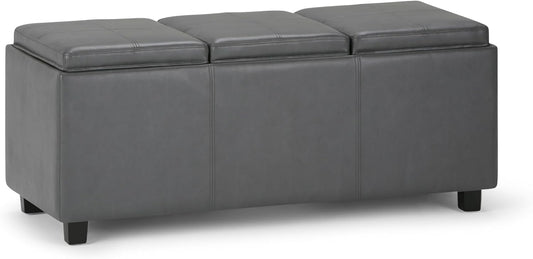 SIMPLIHOME Avalon 42 inch Wide Contemporary Rectangle Storage Ottoman in Stone Grey Vegan Faux Leather, Assembled, For the Living Room, Entryway and Family Room