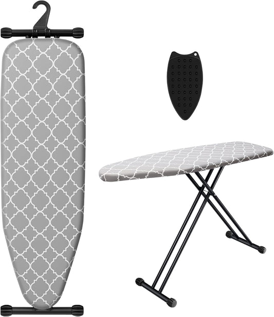 Ironing Board with Silicone Iron Rest pad,Extra Thick Cover,14x54 Compact and Space Saver Iron Board, Height Adjustable,Stable Structure, Easy to Fold, White and Gray