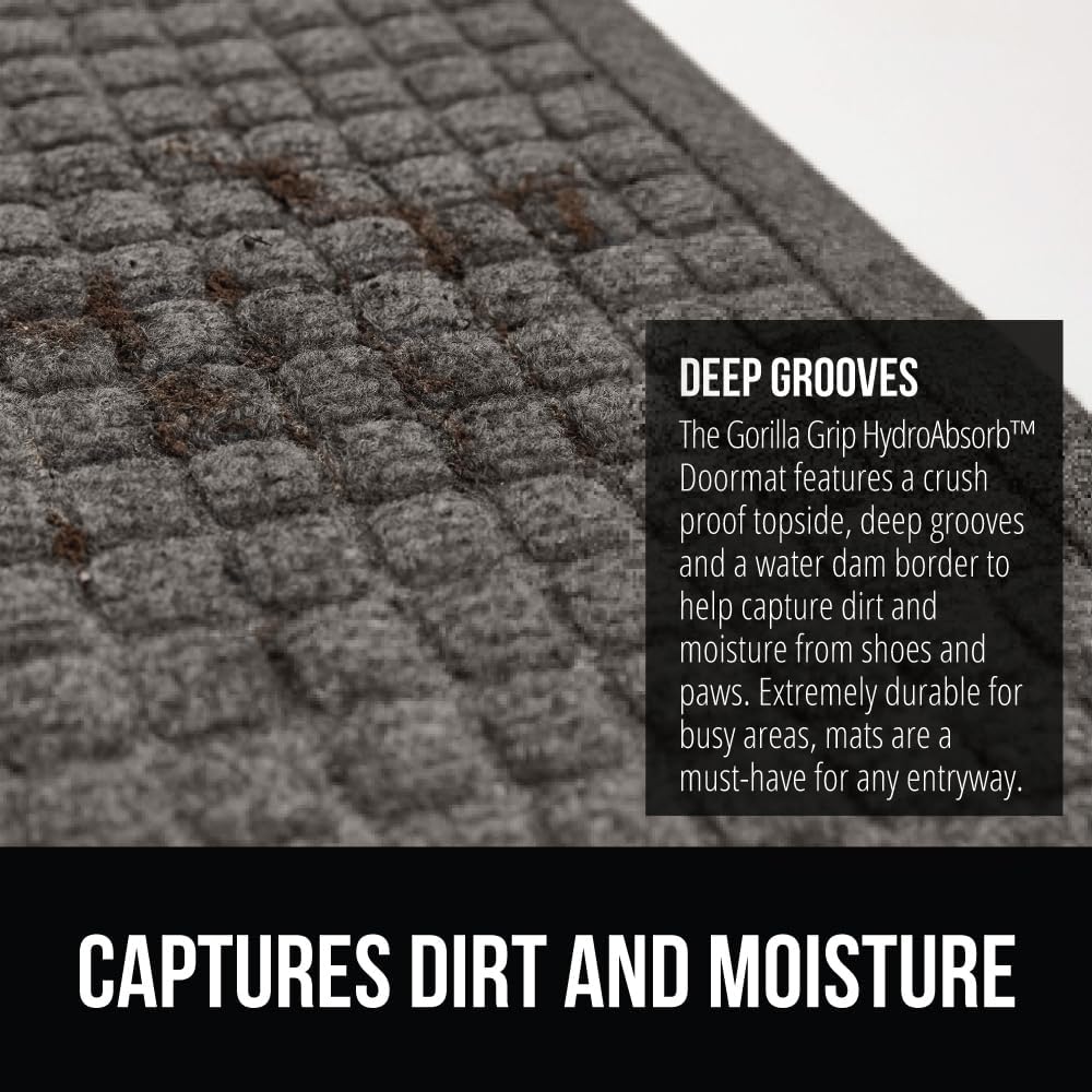 GORILLA GRIP Front Door Mat, 35x23, Indoor Outdoor Ultra Absorbent HydroAbsorb Doormat, Absorbs Up to 5.7 Cups of Water, Stain and Fade Resistant, Rubber Backing Doormats, Captures Dirt, Charcoal