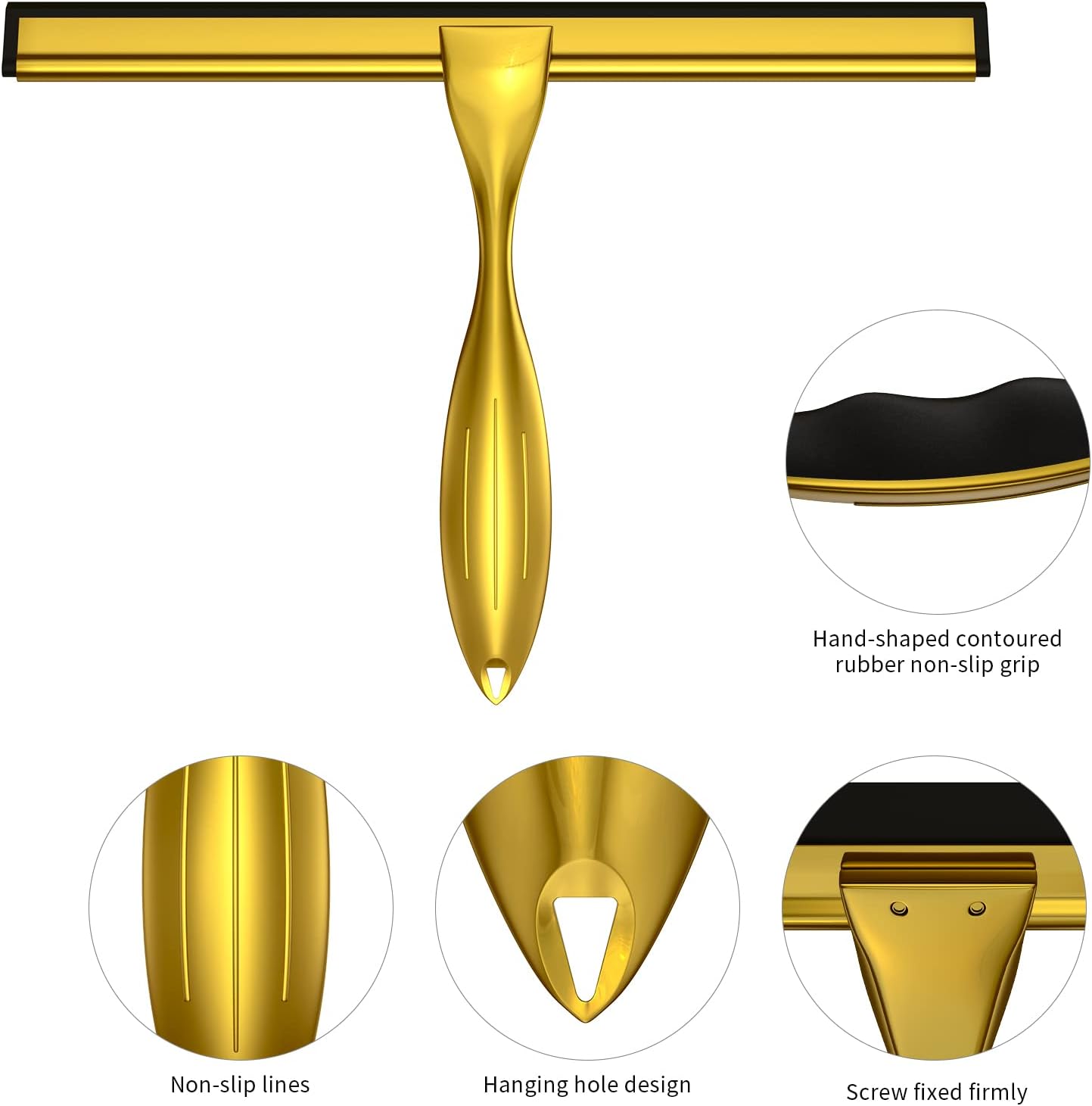 Shower Squeegee for Glass Door 12-Inch Stainless Steel Bathroom Squeegee Window Wiper, with Shower Door Hook, Adhesive Hook, and Spare Silicone Blade for Window Mirror Car All-Purpose Squeegee