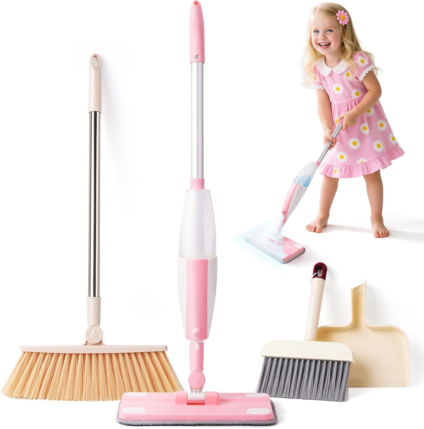 Kids Cleaning Toy Set,Pink Mini Spray Mop Montessori Toys Pretend Play Cleaning Tool for Toddlers with Spray Mop & Kids Broom Dustpan Set Cleaning Toys Gift for Toddlers Girls Boys Age 3+