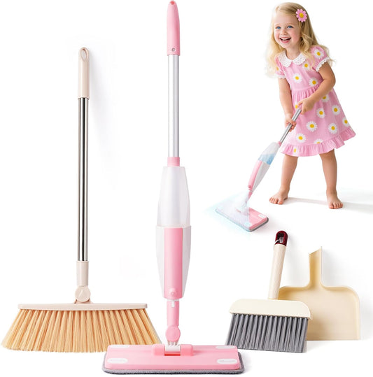 Kids Cleaning Toy Set,Pink Mini Spray Mop Montessori Toys Pretend Play Cleaning Tool for Toddlers with Spray Mop & Kids Broom Dustpan Set Cleaning Toys Gift for Toddlers Girls Boys Age 3+