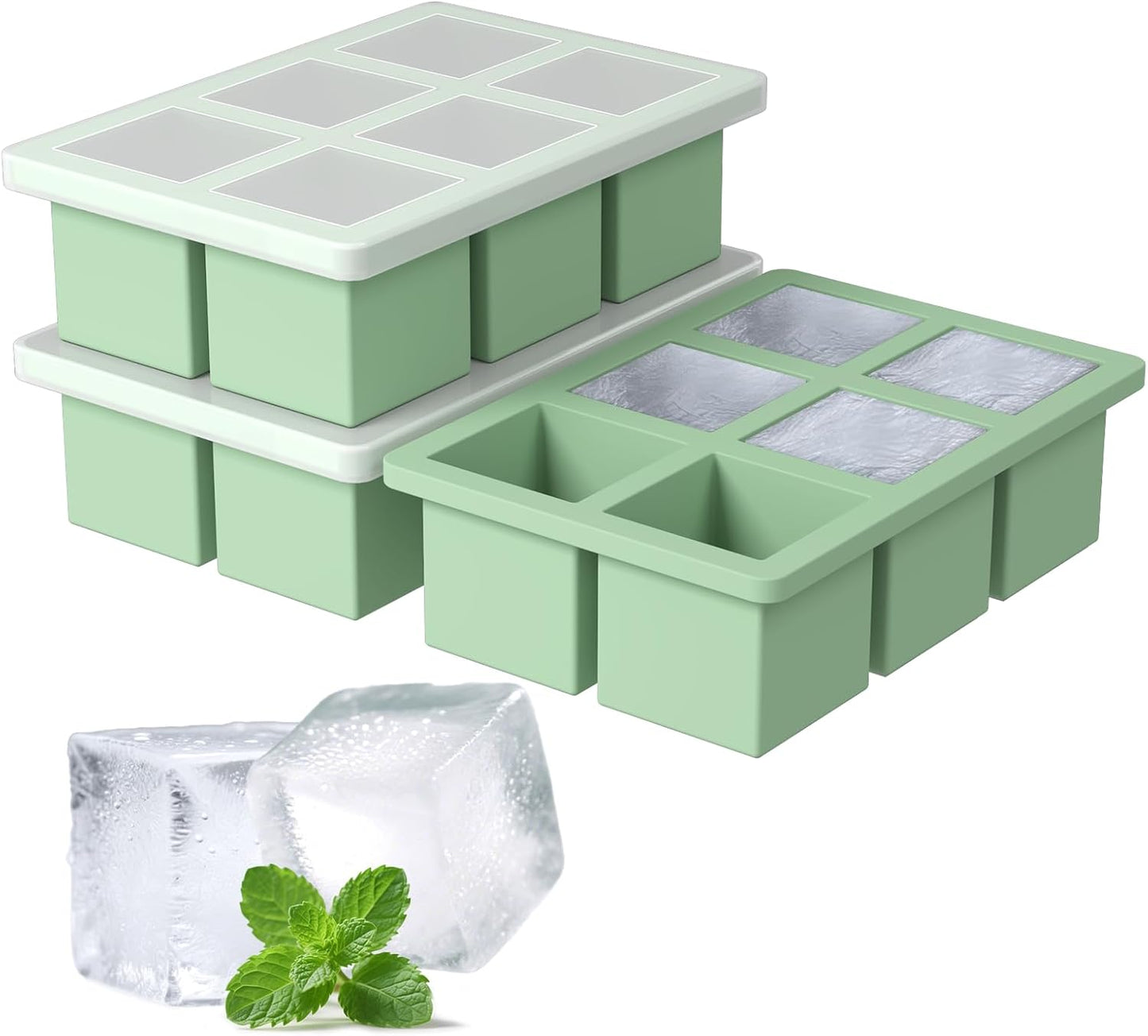 Large Silicone Ice Cube Tray 3Pack, SAWNZC Big Square Ice Cube Molds for Whisky Cocktail, Ice Maker Tray with Lid for Freezer, Easy Release (3, Mint Green)
