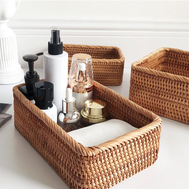 Rattan Storage Baskets, Wicker Baskets for Organizing, Hand Woven Fruit Basket, Decorative Baskets for Kitchen Counter, Living Room, Bathroom, Set of 3