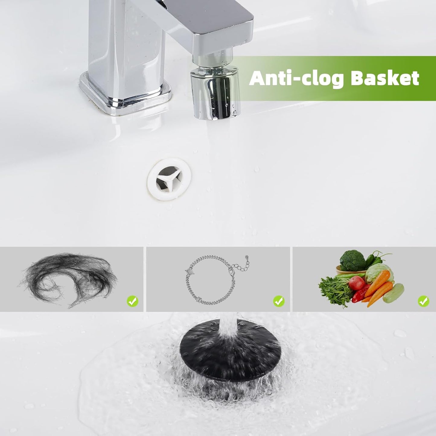 Universal 2PCS Bathroom Sink Stopper 2 in 1 Pop Up Metal Sink Drain Strainer with Hair Catcher, Fit for 1.1~2.36" Sink Basin Hole, Big Cover Cap, Anti-clog, Matte Black