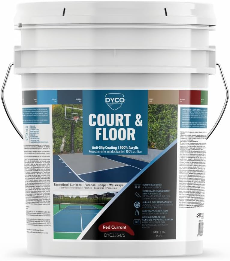 DYCO Court & Floor Anti-Slip Coating - Slip-Resistant Pavement, Cement & Concrete Paint for Pickleball, Tennis & Basketball Courts, Exceeds ADA Standards for Safety Areas (Red Currant, 5 Gallons)
