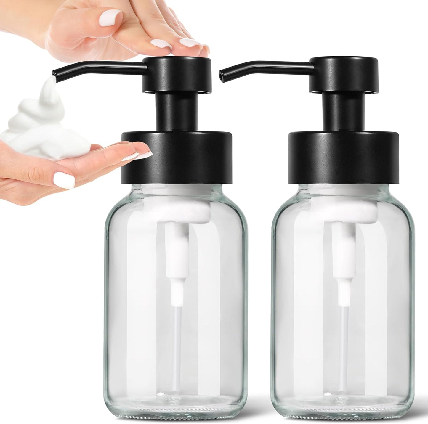 GMISUN Foam Soap Dispenser, 2 Pack 8.5 fl oz / 250 ml Clear Glass Soap Dispenser for Bathroom & Kitchen, Modern Hand Soap Dispensers, Refillable Glass Foaming Soap Dispensers with Waterproof Labels
