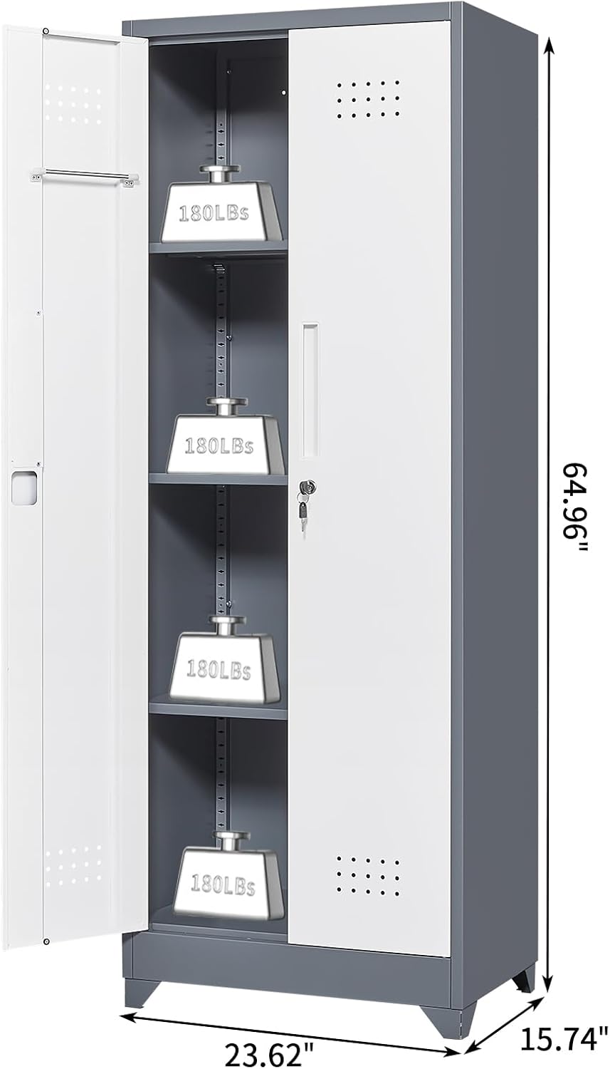 Broom Closet, Metal Storage Cabinet with Hanging Rod, 65" Broom Tool Organizer, Metal Cabinet with Doors and Shelves, Tall Cleaning Storage for Home, Office, Garage, Balcony