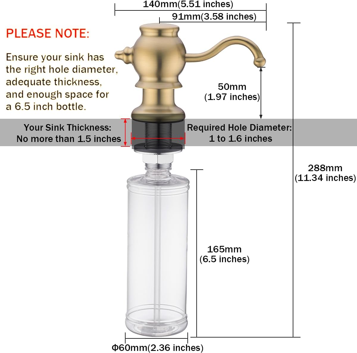 RANDOM Built in Sink Soap Dispenser for Kitchen Sink,Brushed Gold Solid Brass Pump Head with Soap Dispenser Extension Tube Kit and 11 Ounce Large PET Liquid Soap Bottle.RD84038BG