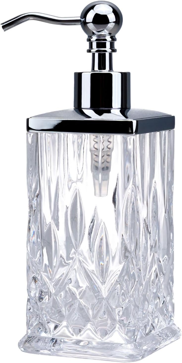 10Oz Clear Glass Soap Dispenser,Handcrafted Lead-Free Glass,Hand Sanitizer Dispenser with Silver Pump for Kitchen and Bathroom,Elegant Bathroom Decor(Square)