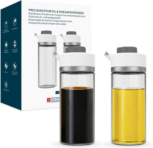 KITCHENDAO Precision Pour Glass Oil Dispenser 2-Piece Set with 3 Modes, Drip-Free Spout, Two Adjustable Flow Speeds, 12 oz Oil and Vinegar Dispensing Bottle 2 Pack Set for Kitchen