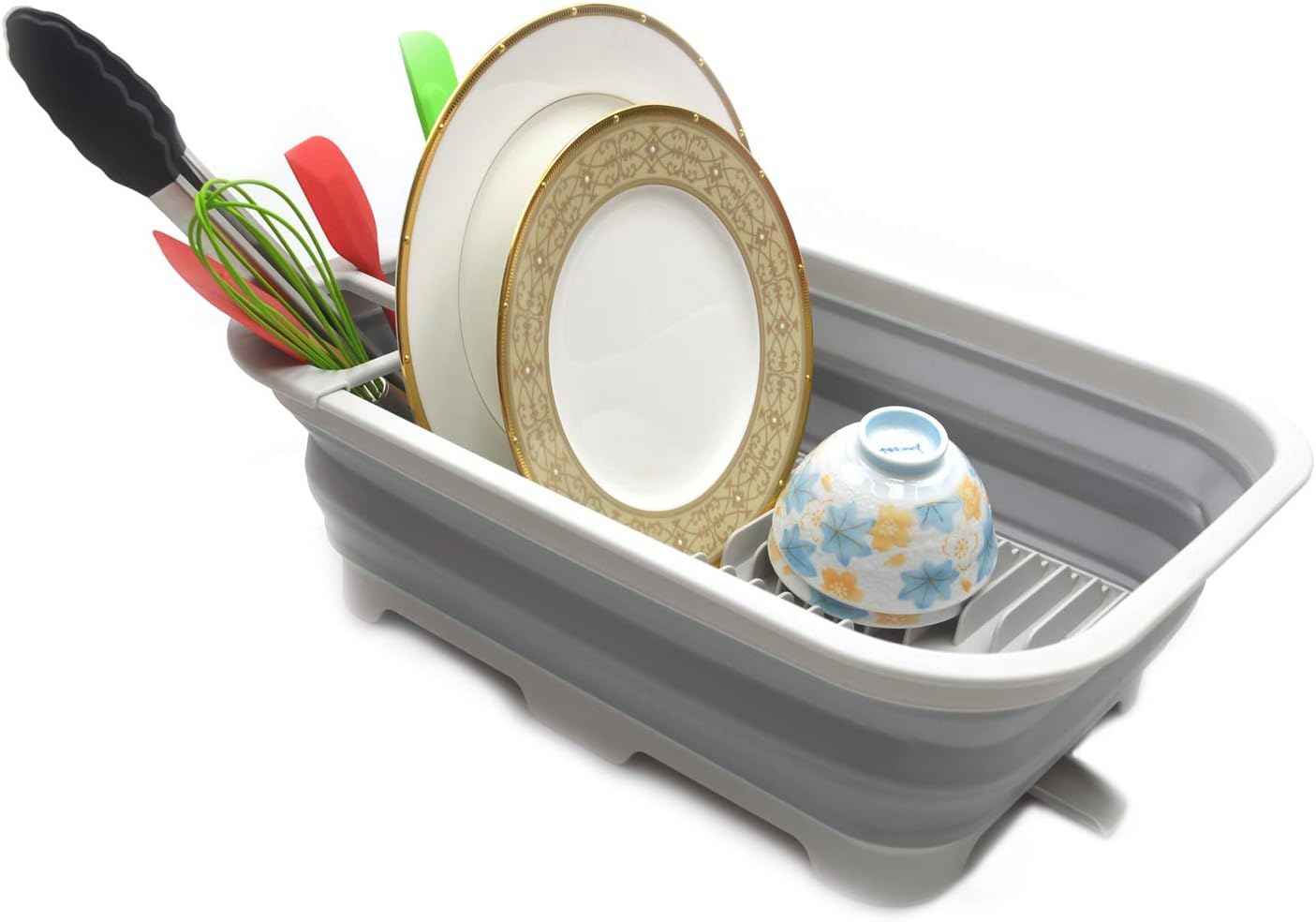 SAMMART 12L (3.17 Gallon) Collapsible Dish Drainer with Swivel spout - Foldable Drying Rack Set - Portable Dinnerware Organizer - Space Saving Kitchen Storage Tray (Grey)