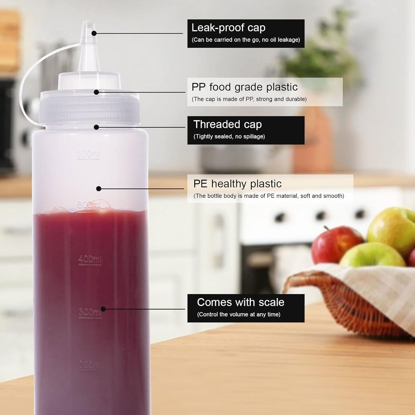 Condiment Squeeze Bottles Ketchup Dispenser 2PCS 24 oz Plastic Sauce Squirt Bottle with Cap Lids, Pancake Squirt Bottles for Sauces Liquids Mustard BBQ Dressing Pancake Art