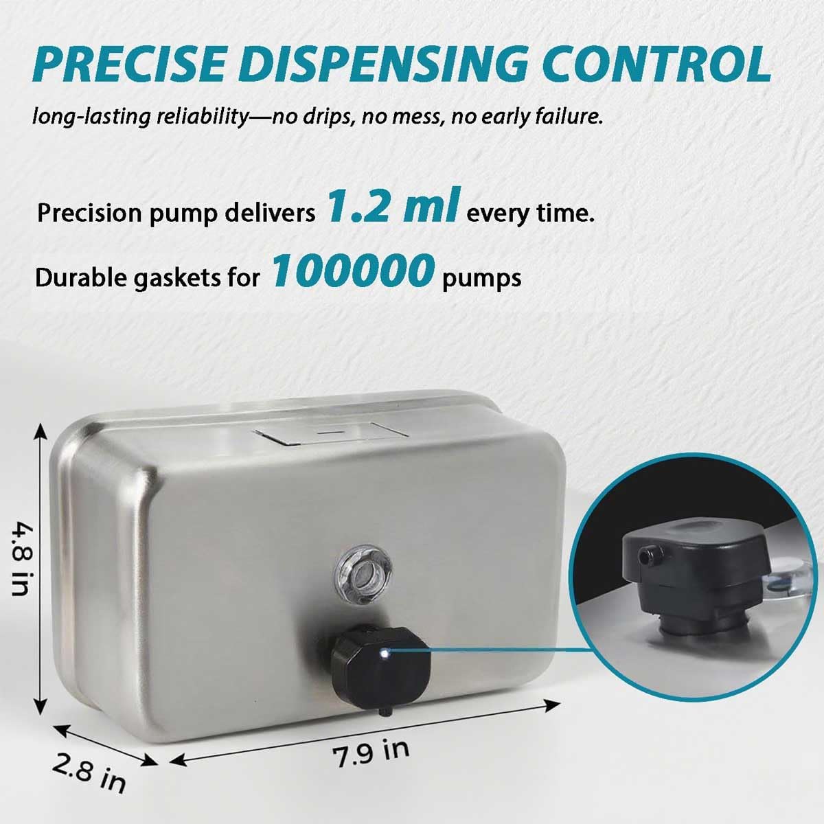 Commercial Soap Dispenser Wall Mount – Antirust Stainless Steel Soap Dispenser Liquid 38.8oz Large Capacity (Horizontal), Anti-Leak SUS304 Brushed Metal for Bathroom & High-Traffic Areas