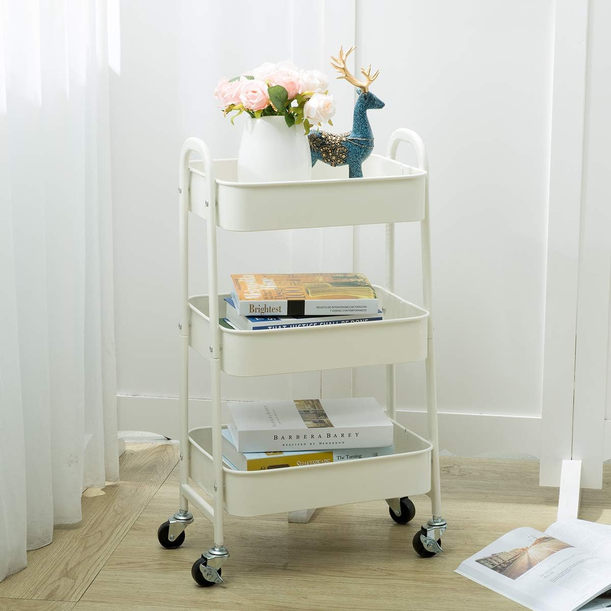 AGTEK Makeup Cart, Movable Rolling Organizer Cart, White 3 Tier Metal Utility Cart