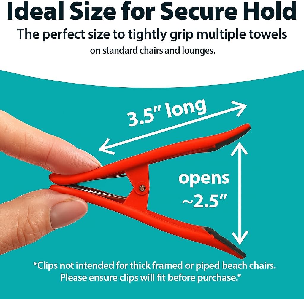 CoreClips Towel Clips for Beach Chairs - Set of 4 Pool Towel Holder Clips for Lounge Chairs on Cruise, Large 2.5” Opening Heavy Duty Clip for Towels on Boat Loungers with Travel Pouch - Red