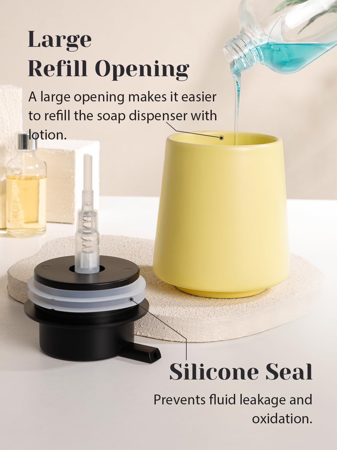 INGOFIN Ceramic Soap Dispenser, 14 oz Bathroom Hand Soap Dispenser, Liquid Dispenser with Pump, Refillable Modern Lotion Dish Dispenser for Kitchen, Matte Yellow