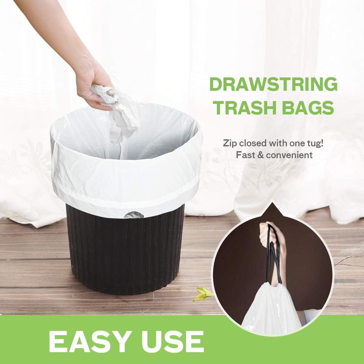 4 Gallon 320 Counts Strong Drawstring Trash Bags Garbage Bags by Teivio, Bathroom Trash Can Bin Liners, Small Plastic Bags for home kitchen office, White