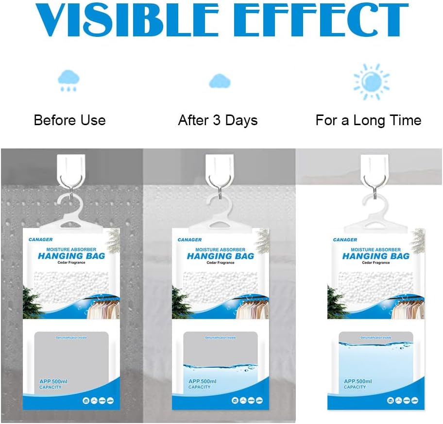 CANAGER Hanging Moisture Absorber,Cedar Fragrance Moistureproof Hanging Bag, Dehumidifier Bag (8 packs) Hanging Closet Dehumidifier Bags, Moisture Absorb 12.5 oz.