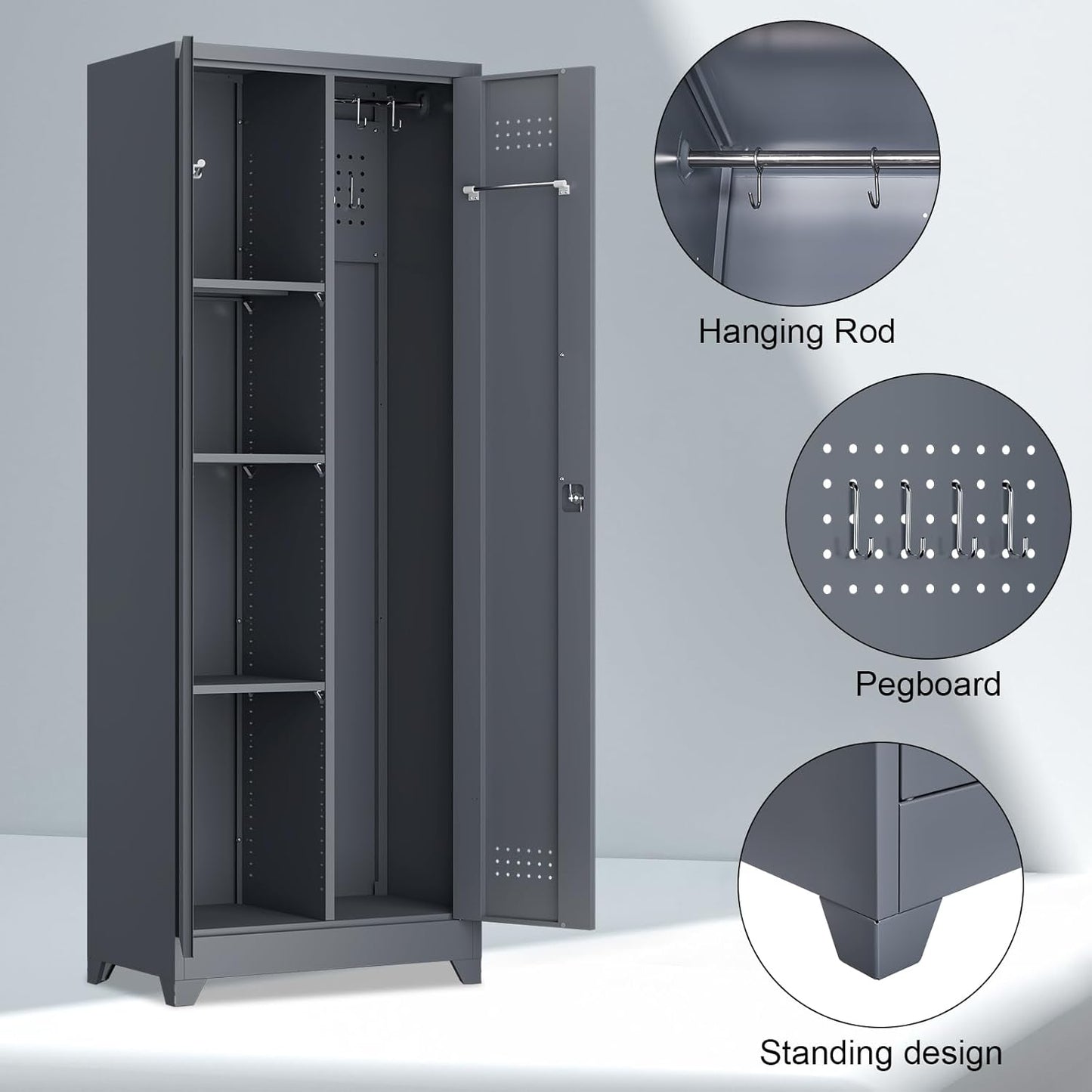 Broom Closet Storage Cabinet, Steel Locking Cabinet with Hanging Rod, 65" Cleaning Storage with Doors and Hooks, Tall Broom Tool Cabinets for Office, Garage