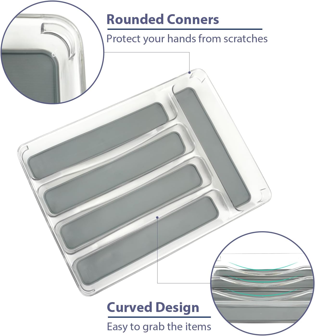 5 Compartments Silverware Tray for Drawer, Plastic Utensil Cutlery Drawer Organizer w/Grip Lining (Clear&Grey)