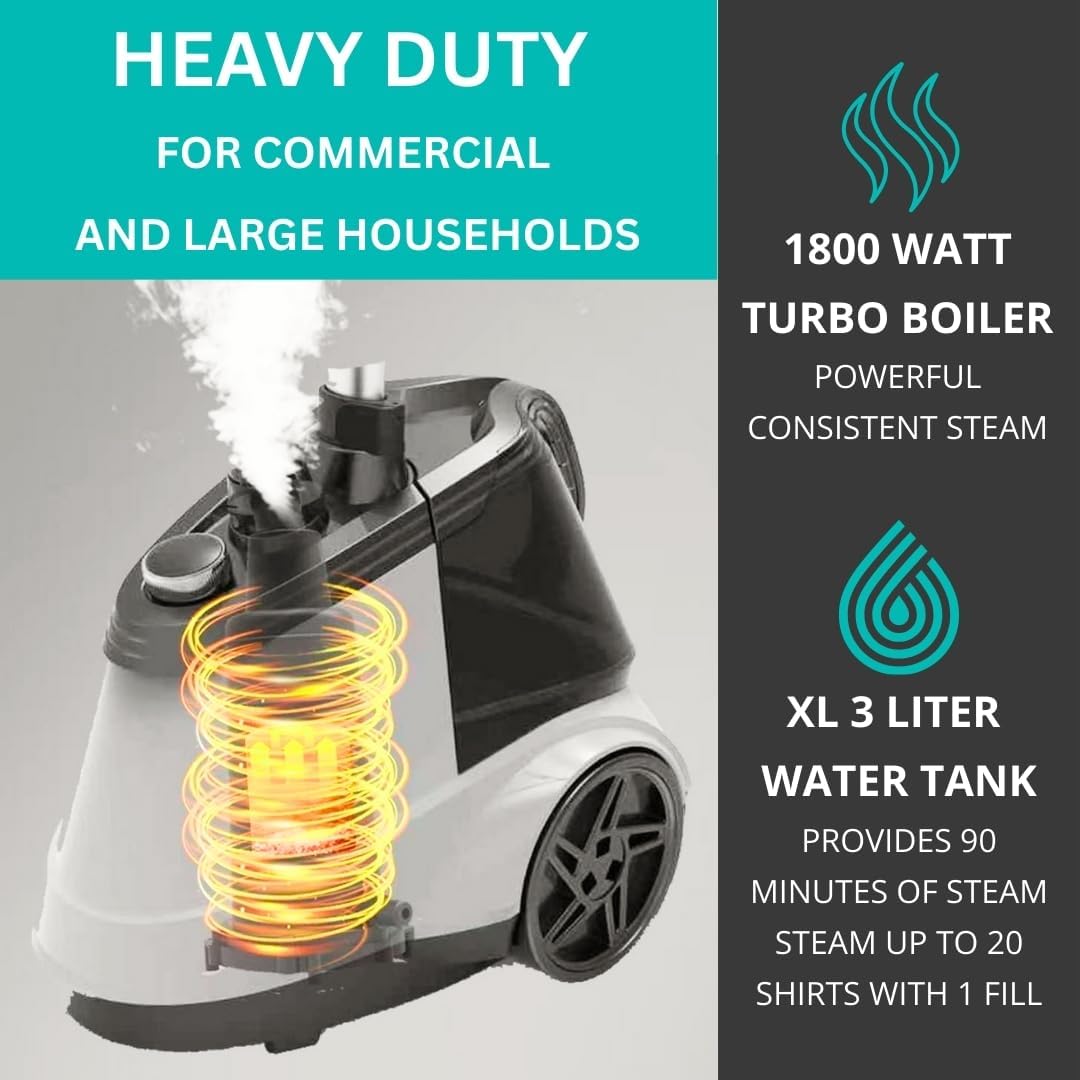 True & Tidy Heavy Duty Commercial Full Size Standing Garment Steamer for Clothes with Extra Large 2.9L (98 oz) Water Tank for 90+ mins of Steam Time, 1800 watts of Powerful Steam, 3 Settings, White