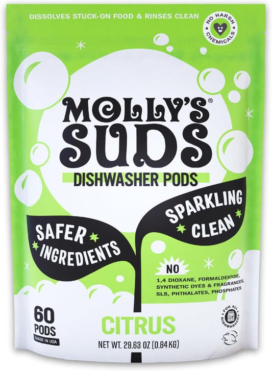 Molly's Suds Dishwasher Pods | Clean Dishwasher Detergent, Cuts Grease & Rinses Clean (Residue-Free) for Sparkling Dishes | 60 Auto-Release Tabs (Citrus)