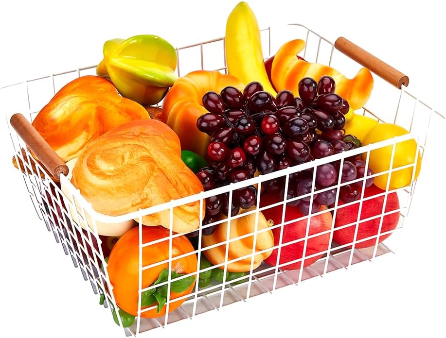 LeleCAT Large white wire baskets with Wooden Handles for storage pantry, Storage Organizer Baskets, Household Refrigerator for Cabinets, Closets, Bedrooms, kitchen - Set of 3 White